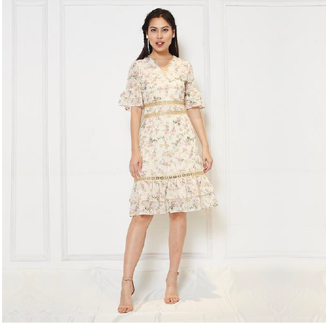 Chiffon Printed Dress - Beige