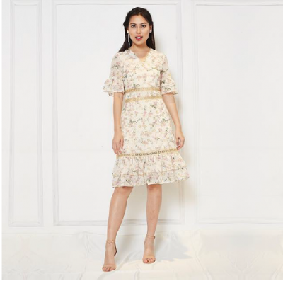 Chiffon Printed Dress - Beige